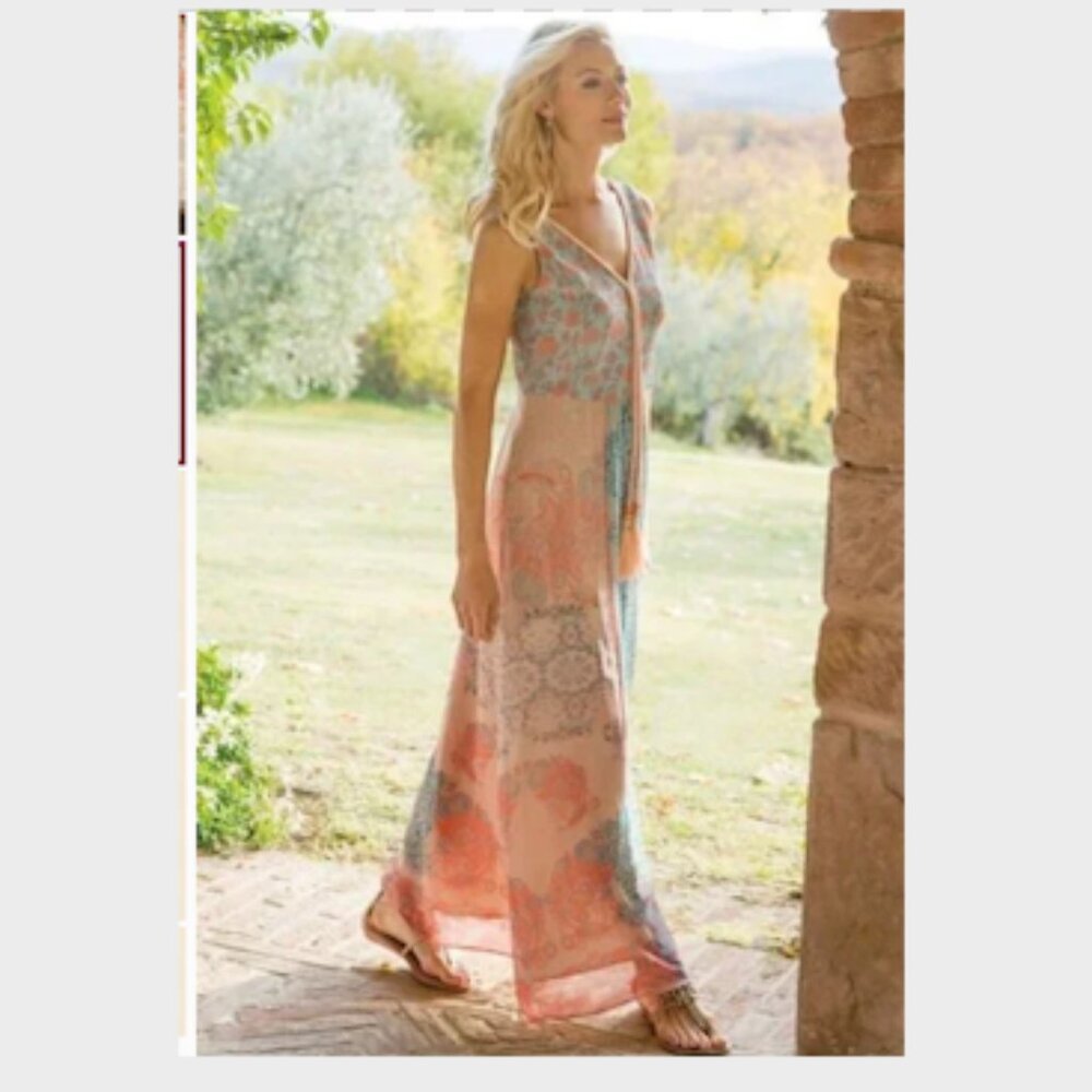 Soft Surroundings Sleeveless Peach Blue Floral  Boho Maxi Dress Tassels  Small